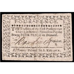 ELIAS BOUDINOT Signed 1790 Four Pence Church Currency Note on Newark, New Jersey