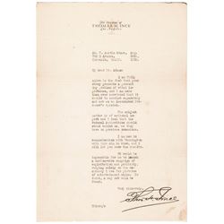 American Silent Film Director + Actor THOMAS H. INCE Typed Letter Signed