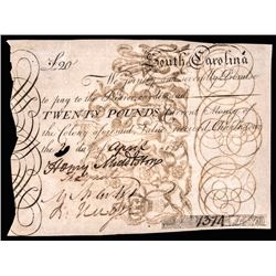 HENRY MIDDLETON Signed Colonial Currency South Carolina April 1775 20Pounds Note
