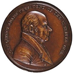 1825 John Quincy Adams Indian Peace Medal in Bronze Rare 62mm Size Choice Unc.