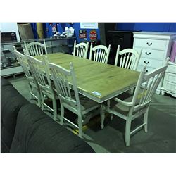 DINING TABLE WITH 2 LEAFS AND 8 CHAIRS. NATURAL PINE AND OFF WHITE FINISH