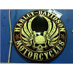 HARLEY DAVIDSON MOTORCYCLES "FLYING SKULL BUTTON" 14.5" TIN SIGN