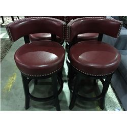 PAIR OF RED LEATHER STUDDED, UPHOLSTERED 24" BARSTOOLS