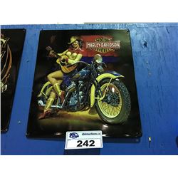 HARLEY DAVIDSON MOTORCYCLES "PLAYING AROUND BABE" 15"X13" TIN SIGN