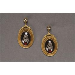 PAIR OF ENGLISH 15K, YELLOW GOLD STUD BACK DROP EARINGS, each formed as a shield encircled by g...