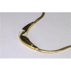 ITALIAN 18K YELLOW GOLD NECKLACE, formed as a yellow and white gold crescent-shaped pendant set w...