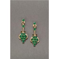 PAIR OF 18K YELLOW GOLD STUD BACK DROP EARRINGS, each set with 10 oval cut emeralds (approx. 3.22...