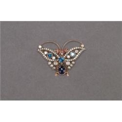 14K PINK GOLD AND SILVER FILIGREE BROOCH, formed as a winged insect and set with 64 brilliant cut...