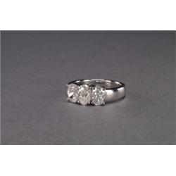 18K WHITE GOLD RING, set with 3 oval cut diamonds (approx. 2.01ct. total weight),, 7.3 grams...