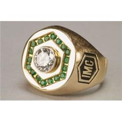 MEN'S 14K YELLOW GOLD CORPORATE RING, bezel set with a brilliant cut diamond (approx. 1.54ct.) en...