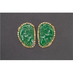 PAIR OF 14K YELLOW GOLD CLASPS, each designed for a triple strand necklace and each set with a fr...