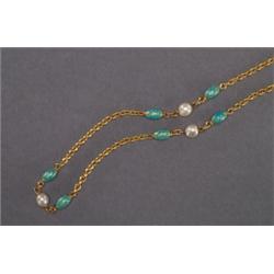 FRENCH 18K YELLOW GOLD CABLE LINK CHAIN, set with small baroque pearls and oval enamelled spacers...