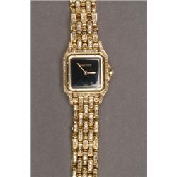 MEN'S CARTIER, "PANTHERE" WRISTWATCH, recent; quartz movement; gold hands on a black dial; in a...