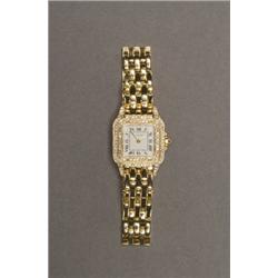 LADY'S CARTIER, "PANTHERE" WRISTWATCH,, quartz movement; black Roman numerals and gold hands...