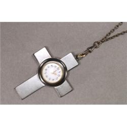 UNUSUAL PENDANT WATCH, wind and set stems to the reverse; in a gun-metal case formed as a cross a...