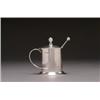 Image 1 : EDWARDIAN ARTS & CRAFTS SILVER MUSTARD POT AND SPOON, of cylinder form with biforcated wire loop...