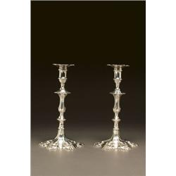 PAIR OF GEORGE III SILVER CANDLESTICKS, each, multi-knopped stem supporting a cotton-reel socke...