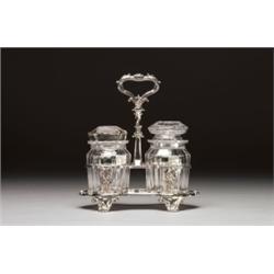 EARLY VICTORIAN SILVER PRESERVE CRUET, of waisted rectangular form with rocaille cast frame fitte...