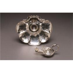 VICTORIAN SILVER SEALING WAX STAND, of shell form engraved with scrolling foliage, the central wa...