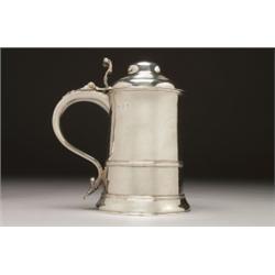 GEORGE III SILVER TANKARD, of tapering cylinder form with moulded borders, the domed cover hinged...