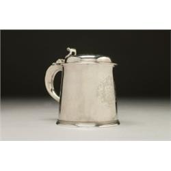 GEORGE II SILVER TANKARD, of plain tapering cylinder form with moulded, foot-rim, domed cover a...