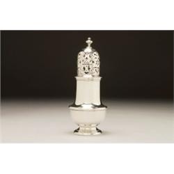 GEORGE II SILVER, BALUSTER CASTER, with plain moulded borders, pierced and engraved domed cover...