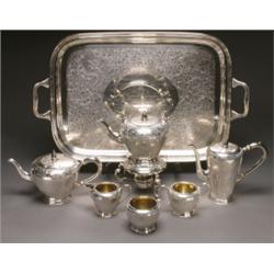CANADIAN SILVER TEA, AND COFFEE SERVICE, each shouldered ovoid body engraved with scrolling fol...