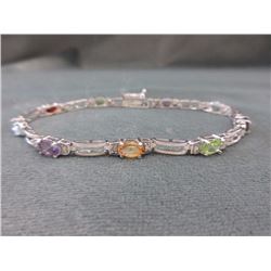 BRACELET - OVAL FACETED MULTI-GEMSTONE & DIAMOND IN STERLING SILVER WITH SCALLOP BOX DESIGNED LINKS 