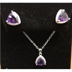 NEW NECKLACE & EARRING SET - TRILLIUM FACETED AMETHYST & DIAMOND IN STERLING SILVER SETTING - INCLUD