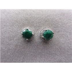EARRINGS - NEW ROUND FACETED EMERALD & DIAMOND IN STERLING SILVER STUD DESIGNED SETTING - RETAIL EST