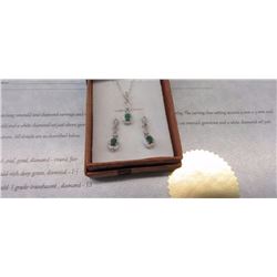 NECKLACE & EARRINGS SET - .075CT GREEN EMERALD & DIAMONDS IN STERLING SILVER SETTING - INCLUDES CERT