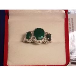 RING - TRINITY DESIGN - 2.95CT OVAL FACETED CENTER EMERALD & 2 OVAL FACETED SHOULDER EMERALDS - MULI