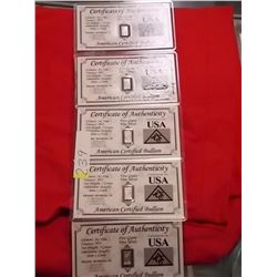 INVESTOR BULLION - .9999 FINE SILVER - 5 GRAIN WITH ASSAY CARD - AMERICAN CERTIFIED BULLION - 5 PER 