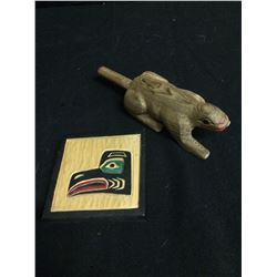 1996 HAND CARVED WOOD NATIVE ART "THE EAGLE" BY MARTIN JULIAN W/ WOODEN FROG RATTLE