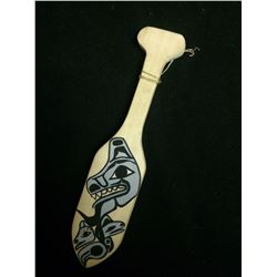NATIVE ART HAND CARVED PADDLE "MOM WOLF & 2 WOLF PUPS"