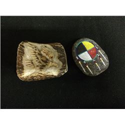 NATIVE ART BELT BUCKLE & DECORATIVE ROCK LOT