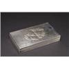 Image 1 : A SILVER STAMP BOX, oblong with overall textured ground, the cover set with three peaches and lea...
