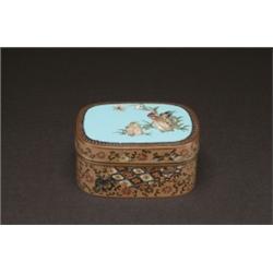 A CLOISONNE BOX, oblong with rounded corners, the cover worked with a rooster and hen on a sky bl...