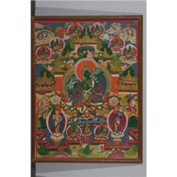Tibetan School (19th c.), GREEN TARA (DROLJANG), Tanka, ink and colour on fabric, 29.1" x 22"...