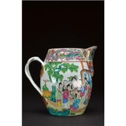 AN EXPORT PORCELAIN JUG, of barrel from, with strap handle, painted with noble ladies and attenda...