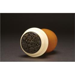 A FINE GOURD AND TORTOISESHELL CRICKET CAGE, the brown body fitted with a two piece ivory cap and...