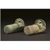 Image 1 : A PAIR OF ARCHAIC BRONZE AXLE CAPS AND PINS, the cylindrical bodies with low relief fretwork, the...