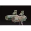 Image 1 : A PAIR OF ARCHAIC BRONZE AXLE CAPS AND PINS, the tapering caps with bold linked lappet patterned...