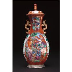 AN EXPORT PORCELAIN COVERED BALUSTER VASE, with hydra epaulets, painted with figural reserves in...