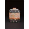 Image 1 : A PAINTED GREY POTTERY CYLINDER JAR, the body worked with pastel scrolling motifs on a salmon gro...