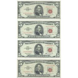1963 $5 Fine Red Seal Bill Lot of 4