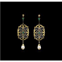 0.52 ctw Emerald, Pearl, and Diamond Earrings - 18KT Yellow Gold