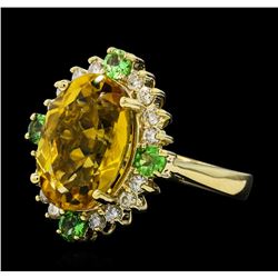 6.10 ctw Citrine Quartz, Tsavorite, and Diamond Ring - 14KT Yellow  Gold