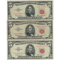 1963 $5 VG/XF Red Seal Note Lot of 3