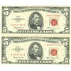 Image 1 : 1963 $5 VG/XF Red Seal Note Lot of 2